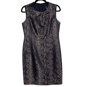 Louben Size 6 Black Metallic Copper Snakeprint Python Jacquard Sheath Dress Wool